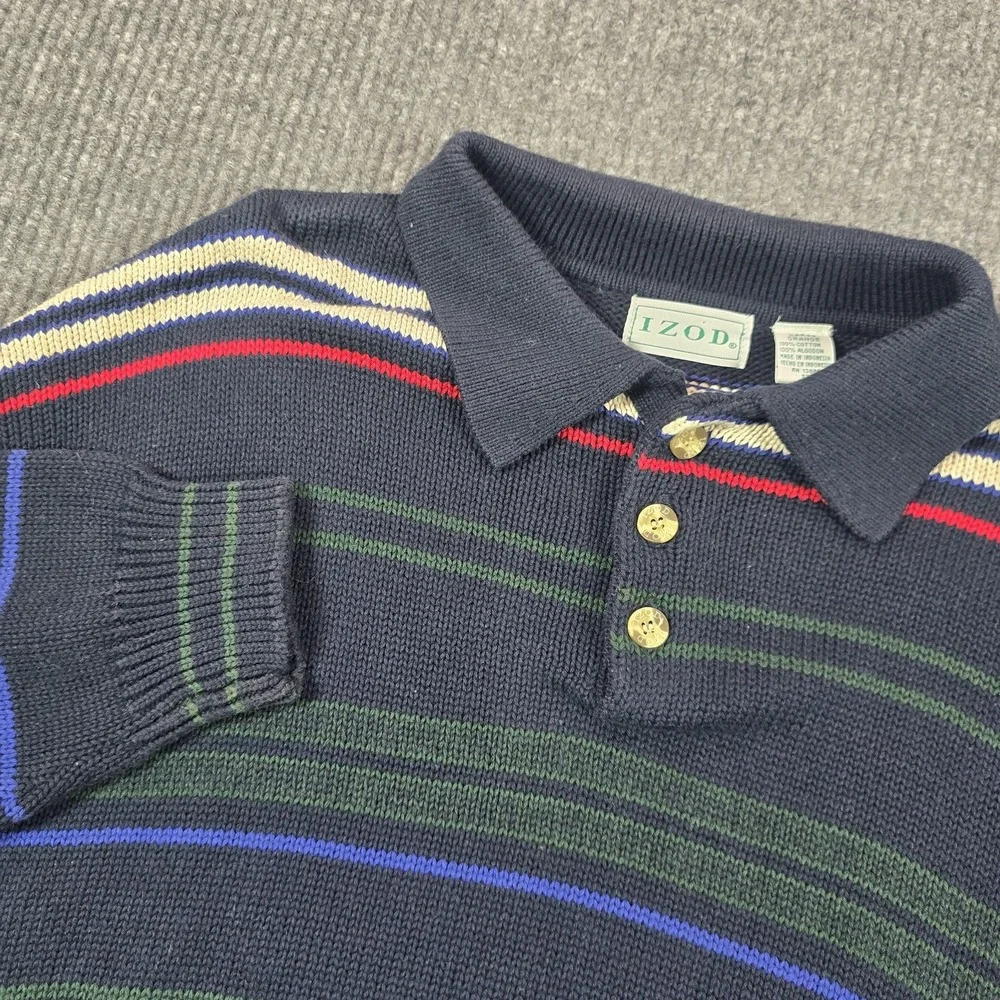 IZOD Sweater Mens Large Blue Multi Stripe Knit Polo Rugby Collar‎ Cotton Preppy